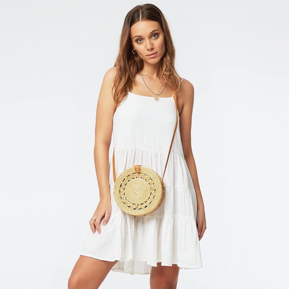 Round Rattan Bag for Women - Handmade Straw Bags - Wicker Purse - Brown White Ci - Picture 6 of 6